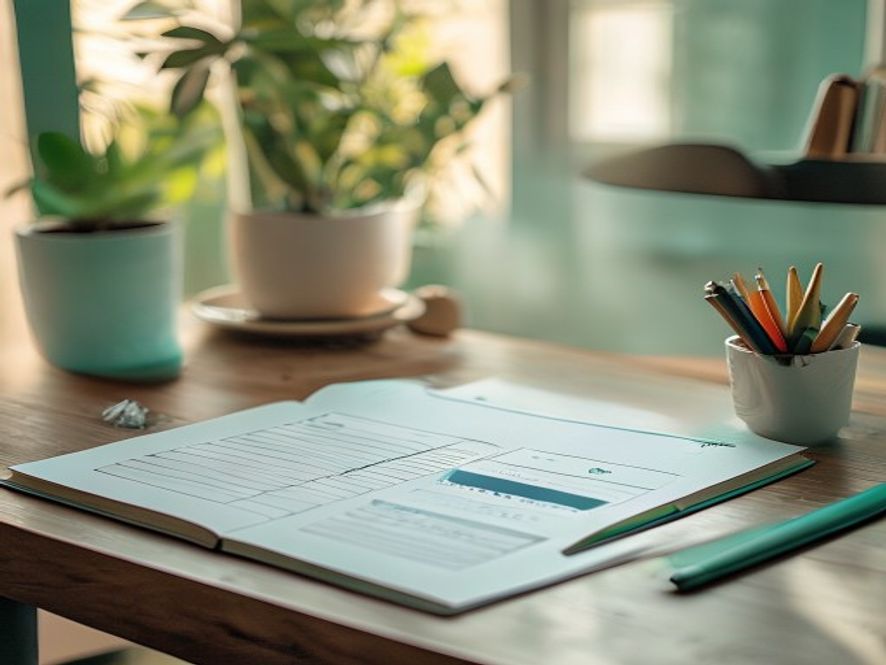 Clean desk with planning materials, notebooks, and progress tracking tools arranged for activity habit design